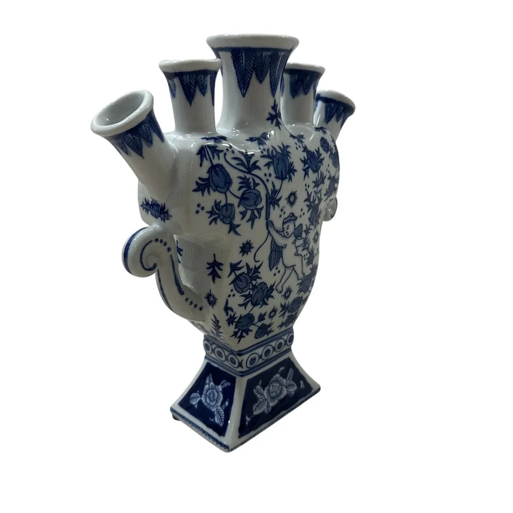 Blue White Ceramic Tulipiere Vase Cherub Floral 5 Spout Chinoiserie 9.5in